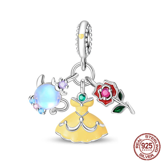 Abalorio charm Bella y Bestia - Tetera, Vestido y Rosa